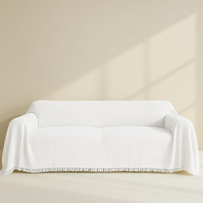 Large Gauze Sofa Cover%100 Pure Cotton, White Couch Covers for 3 Seater, 4 Seater Sofa, Sectional, 4 Layered Natural Muslin Washable Cloud Like Couch Cover (White, 70x150/177x380cm)