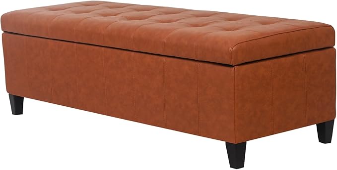 Homebeez 51" Faux Leather Storage Ottoman Bench, Tufted Rectangular Foot Rest Stool (51" Dark Orange)
