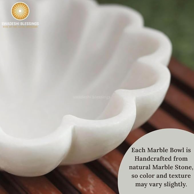 SWADESHI BLESSINGS HandCrafted Marble Decorative Bowl | White Ruffle Scalloped Fluted Key/Fruit Ring Dish | Organic Modern Home Decor (7 Inches)