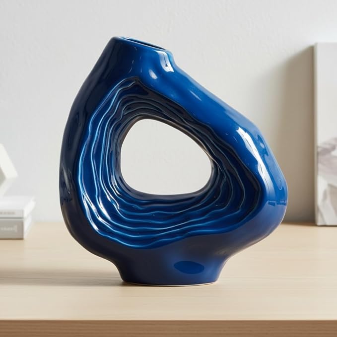 Sunddo Blue Ceramic Vase for Home Decor - 9 Inch Modern Flower Vase, Boho Donut Decorative Vase for Flowers, Living Room Bedroom, Wedding, Table Centerpiece