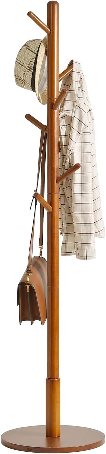 IBUYKE Coat Rack Stand, Freestanding Coat Tree with Solid Round Base and 8 Hooks, Easy Assembly Wooden Coat Hanger, Clothes Rack for Hallway Entryway, Living Room, Bedroom, Office, Brown WD-113
