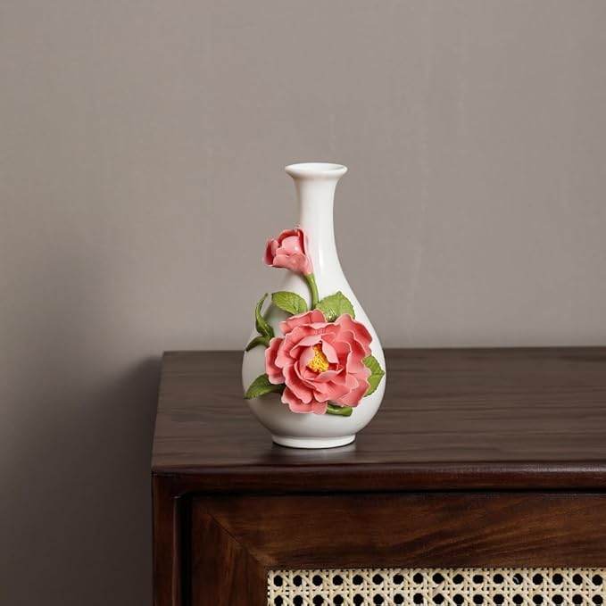 Ceramic Flower Vase Home Decor,Handmade Flowers Ceramic Aesthetic Flower for Home,Living Room,Dining Table,Farmhouse,Office Decor,Bedroom,Table and Kitchen Shelf (Red, Style B)