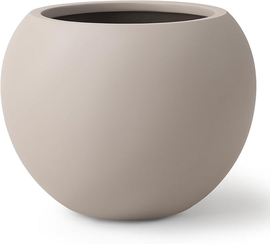 KUTE NEST 12.8"H x 16"D Premium Globo Fiberstone Round Planter with Drainage Hole, Smooth Finishes, Weather Resistant for Indoor and Outdoor Use, Included 2 Extra Coco Mats (Taupe, 10.7" Pot Opening)