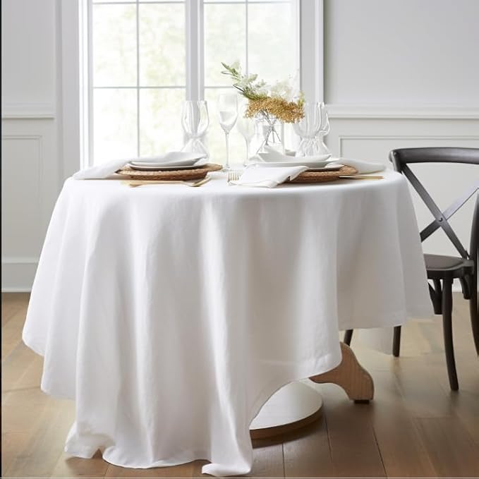 EVERLY 100% Pure Linen Round Tablecloths 120Inch Round Machine Washable Tablecloth for Thanksgiving,Decorative Halloween,Buffet Parties,Picnic,Events,Weddings and Restaurants-White