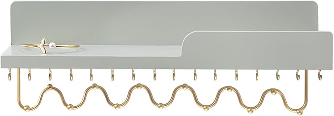 29 Hooks Wall Mount Necklace Holder Organizer, Gray Decorative Wood Jewelry Shelf with Gold Metal Wave Bar and Guardrail for Necklace, Pendant, Chain, Bracelet