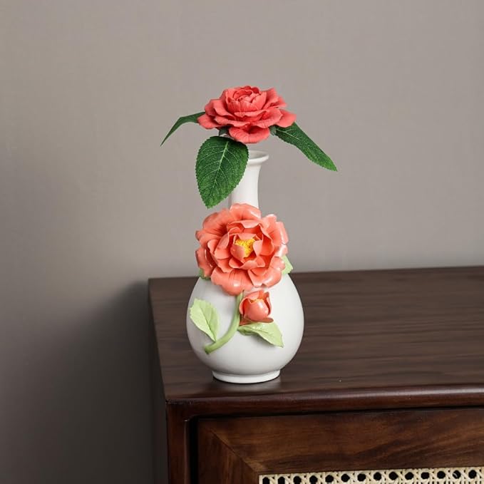 Ceramic Flower Vase Home Decor,Handmade Flowers Ceramic Aesthetic Flower for Home,Living Room,Dining Table,Farmhouse,Office Decor,Bedroom,Table and Kitchen Shelf (Orange, Style A)