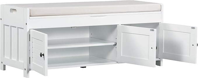 SOFTSEA Storage Bench with 3 Shutter-Shaped Doors Wood Entryway Bench Shoe Bench with Removable Cushion and Hidden Storage
