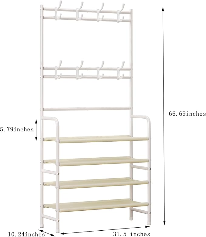 Coat Rack Shoe Rack With Storage Shelf Freestanding with 8 Hooks for Entryway Bedroom Closet (White, 4Tiers)