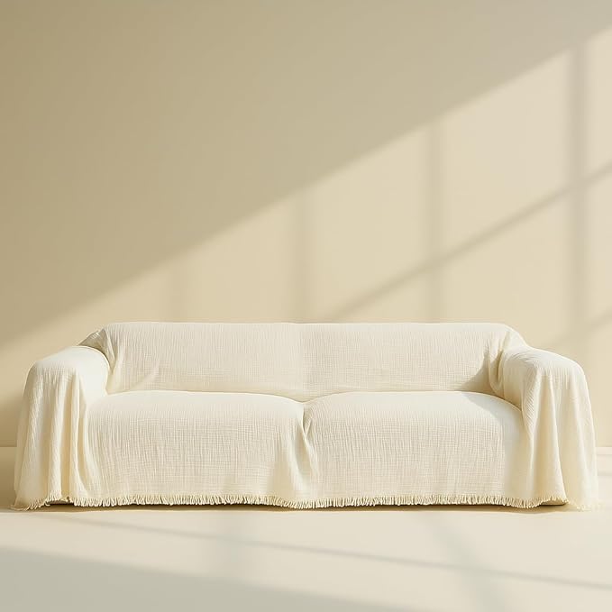 Washable Sofa Cover%100 Pure Cotton, Cream Couch Covers for Loveseat, Futon, Sofa, Sectional L Shape, U Shape, 4 Layered Natural Muslin Cloud Like Boho Couch Cover (Cream, 70x118/177x300cm)