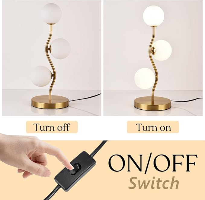 Mid Century Gold Globe Table Lamp 3-Light Flower Curve Beside Desk Table Light with Milk White Glass Shade Metal Base Nightstand Lamp for Bedroom Bedside
