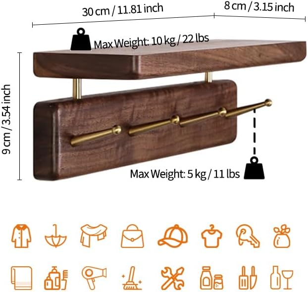 Solid Wood Shelf with Hooks, 12 inch Coat Rack Wall Mount, Shelves with 4 Brass Hooks for Hanging in Entryway, Living Room, Bathroom, Bedroom, Kitchen(Walnut)