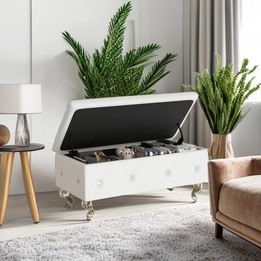 DKLGG Storage Ottoman Bench for Bedroom, Upholstered Entryway Bench with Legs & Safety Hinge, Small Storage Bench for Living Room/End of Bed/Entryway/Window, White