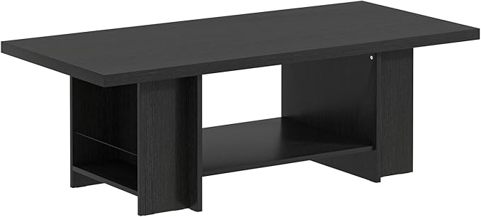 FOLUBAN Black Coffee Table with Storage Bottom Shelf & Side Shelves, Modern 2-Tier Living Room Center Table, Rectangular Wood Cocktail Tea Table for Home Office, 47 Inch