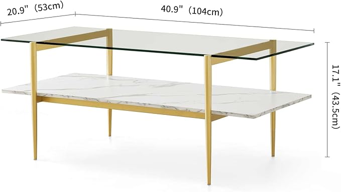 LumFurn Rectangle Coffee Table for Living Room, Mid-Century Modern Design, L41 x W21 x H17, 2-Tier Structure, Clear Glass Top and White Marble Finish Wood Shelf, Conical Legs with Gold Finish