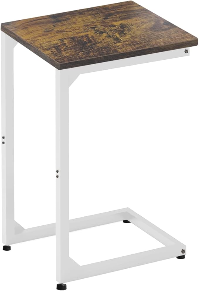 Artigarden C Shaped End Table, Side Tables Couch TV Tray Table, Small Snack Table Sofa Table with Metal Frame for Living Room, Bedroom, Bedside for Small Spaces, Rustic Brown White