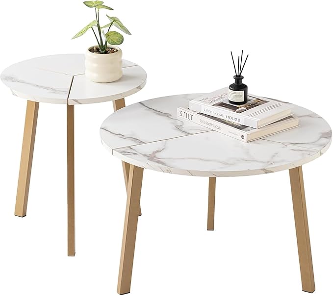 COSIEST Small Coffee Table Set of 2, Round Coffee Table with Sturdy Metal Base, Nesting Coffee Table for Living Room, Bedroom, Office (White & Gold)