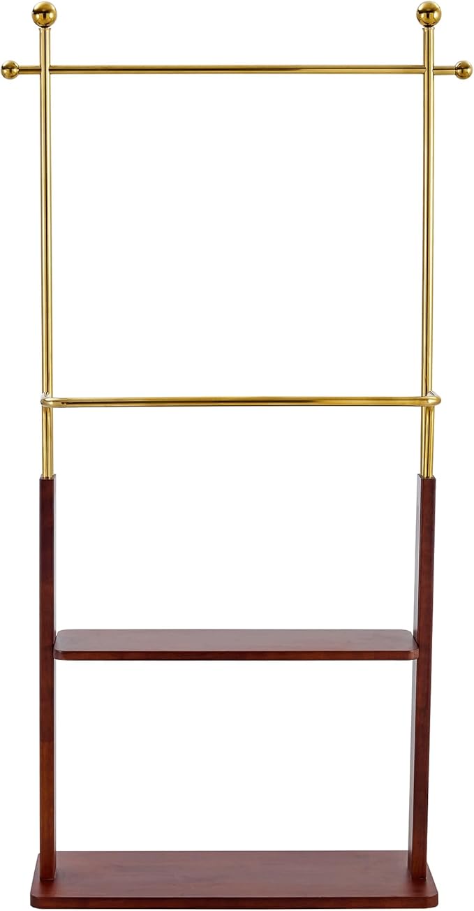 CHANCEE 68.9" Golden Stainless Steel and Walnut Solid Wood Double-Layer Coat Rack, Modern Freestanding Clothes Hanger with Storage Shelf, Multi-Functional Entryway Organizer Cabinet