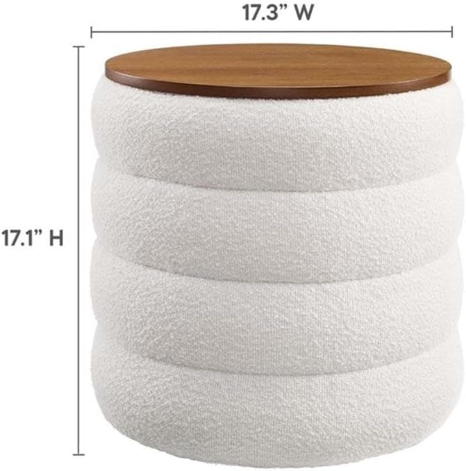 Modway Mezzo Round Boucle Fabric Storage Ottoman Stool in Cloud - Channel Tufted Ottoman - Upholstered Footrest - Versatile End or Side Table with Storage