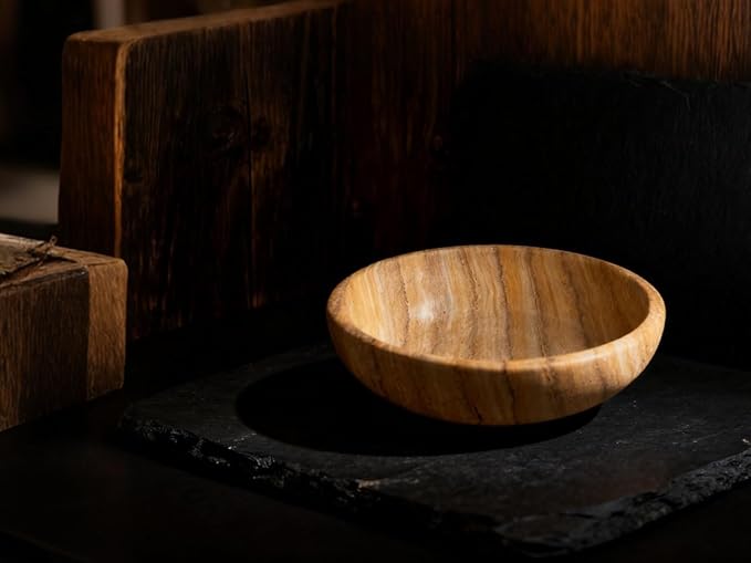 Handmade Travertine Bowl Unique Pattern Natural Stone Centerpiece Bowl, 7.8" Decorative Key & Fruit Bowl for Bohemian Home Decor Kitchen Counter Entryway & Office Jewelry Holder, Art Object