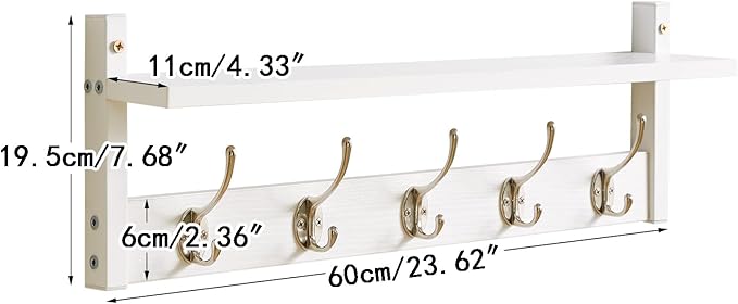 YMYNY 2 Pack 23.6" Coat Rack Wall Mount with Shelf, Coat Hooks Wall Mount, Wall Hooks for Hanging, Coat Hanger Wall Mount, Hat Rack for Wall, Towel Hooks for Bathrooms, White UHWS004W-2