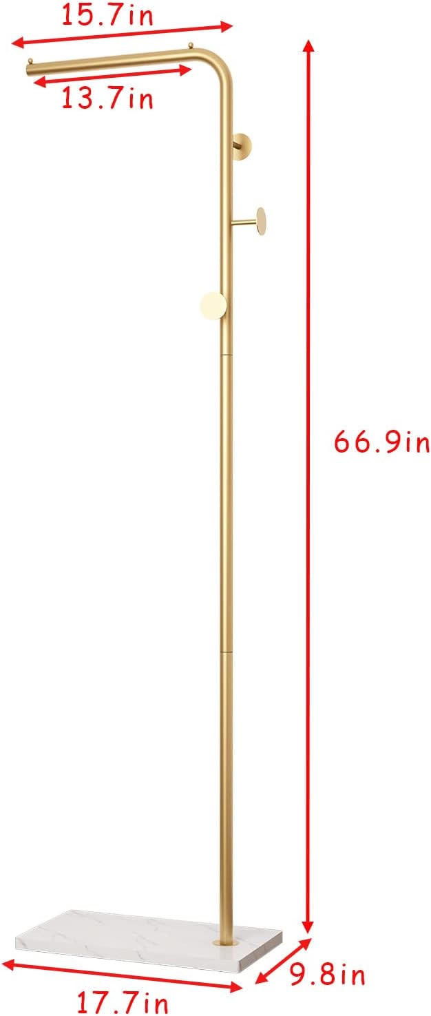 DR.IRON Modern Gold Coat Racks Freestanding Hall Coat Tree,Hat Racks with Marble Base & Coat Hanger with Umbrella for Entryway Hallway, Office or Bedroom
