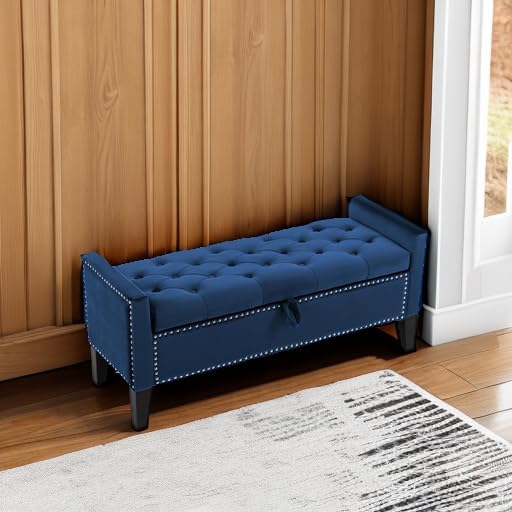 Velvet Storage Ottoman Bench, 46'' Upholstered Button Tufted End of Bed Bench, Modern Entryway Ottoman Bench with Arms, Blue