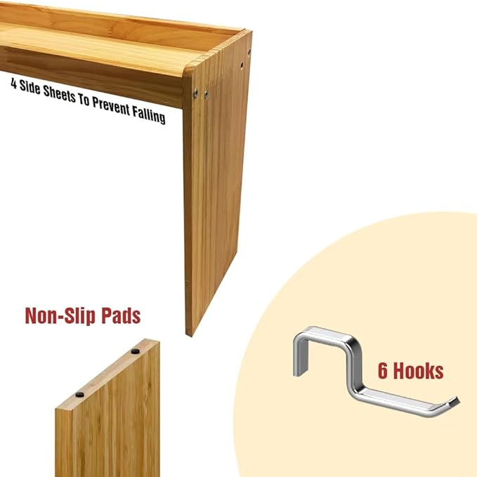 Bamboo Wood Over the Stove Spice Shelf for Kitchen Storage, 31.5" Spice Rack Organizer Stove Top Shelf with 6 hooks, 11.4" Height Extra Oven Back Sink Countertop, Easy to Assemble
