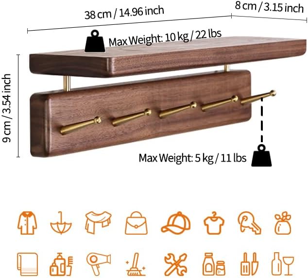 Solid Wood Shelf with Hooks, 15 inch Coat Rack Wall Mount, Shelves with 5 Brass Hooks for Hanging in Entryway, Living Room, Bathroom, Bedroom, Kitchen(Walnut)