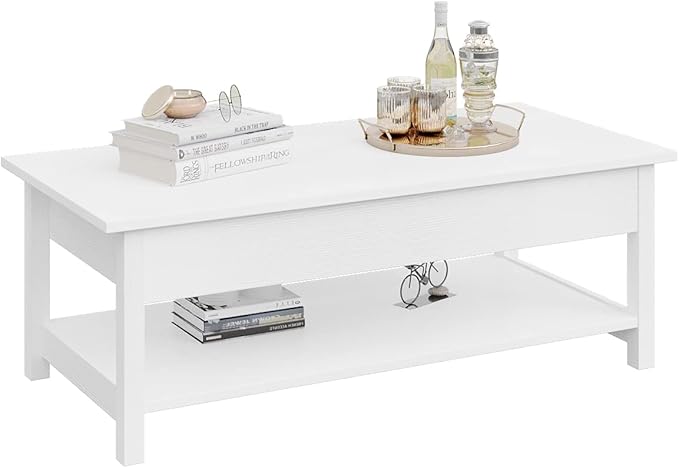Panana Lift Top Coffee Table with Hidden Compartment and Open Shelf, Lift Tabletop Pop-Up Coffee Table for Living Room, 45.28" L, White