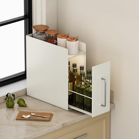 Saiveina Pull Out Spice Rack Organizer – 2 Tier Sliding Drawer, No Assembly Steel Kitchen Countertop Storage for Seasonings, Condiments, and Tall Bottles, Compact Pantry Solution