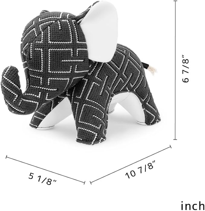 Zuny Artist Edition Elephant Abby Bookend - Kvadrat Grid Gray White, Handmade Leather Single Book End, Checkered Grid Textile Designer Collaboration Home Decor for Bookshelf Desk, 11 x 4.3 x 7.4
