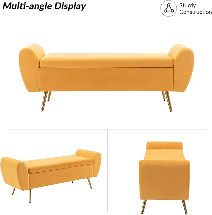 Storage Bench for Bedroom, 55" Extra Long Bench for King Size Bed, Modern Upholstered End of Bed Ottoman Bench with Arms for Entryway Living Room (Velvet, Mustard Yellow)