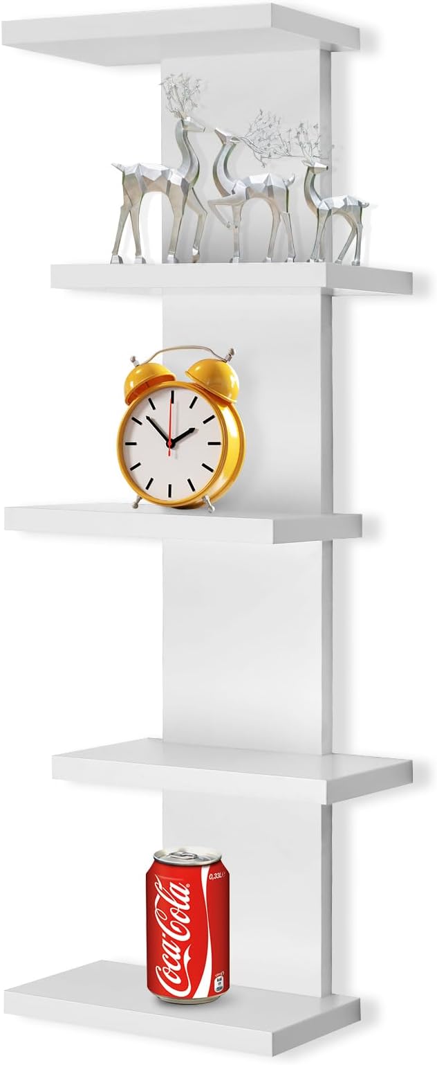 VIWODS 5 Tier Wall Shelf Unit-White Floating Shelves for Home Decor, Modern Unique Asymmetric Design for Bedroom & Living Room Storage