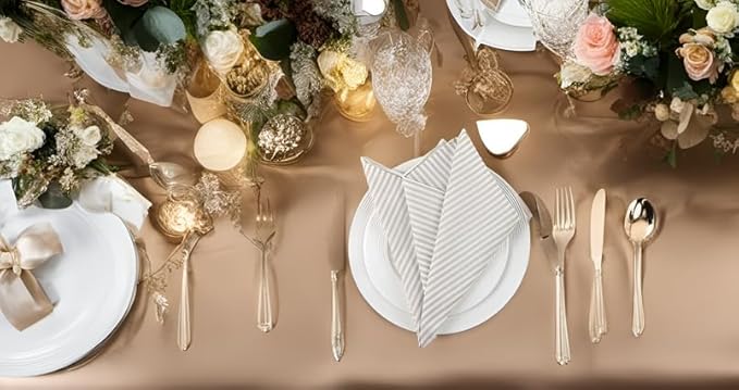 Plain Striped Cotton Linen Blended Dinner Cloth Napkins - Set of 12 (17 x 17 inches) - for Events & Home Use (Beige)