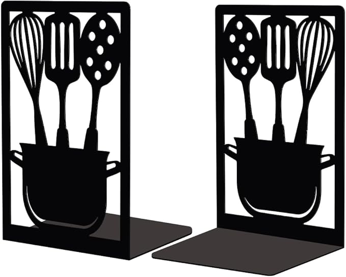 Peacoblue Metal Bookends Stopper Holder Stand for Shelves, 4.7"x3.5"x7" Heavy Duty Decorative Creative Study Kitchenware Bookends for Kitchen cookbooks for Small Cook Books, 1 Pair (Kitchenware)