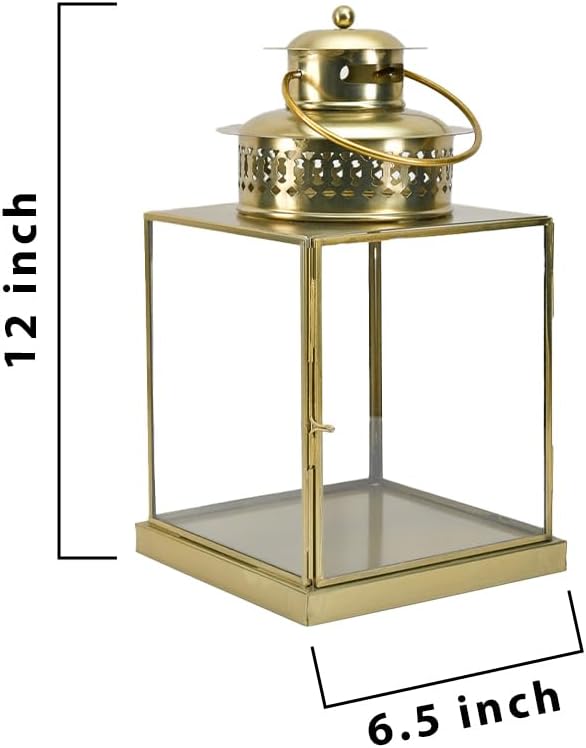 Serene Spaces Living 12" Aurea Candle Lantern, Gold Square Metal Candle Holder - Table, Mantel Decor, Elegant Decorative Centerpiece for Home, Parties, Weddings, Holidays, Special Occasions, Pack of 4