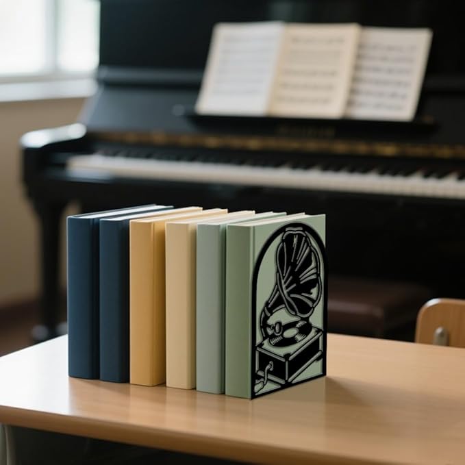 Peacoblue Metal Bookends for Shelves, Modern Decorative Heavy Duty Study Book Ends Stoppers for Office, Desk, Shelf, Room 5.3"x4.3"x7.9" Cast Iron Simple Tall Bookends 1 Pair (Phonograph)