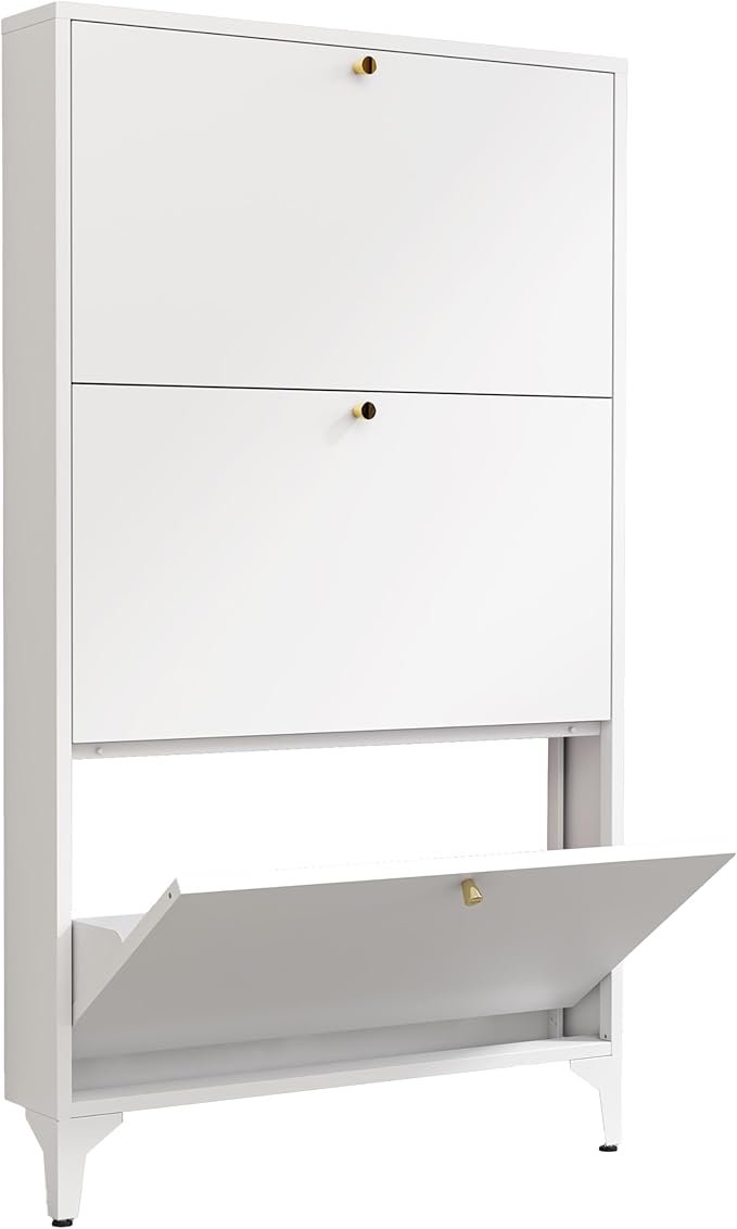 Shoe Storage Cabinet with 3 Flip Drawers, Freestanding Hidden Slim Narrow Shoe Rack Cabinet for Entryway, Metal Modern Shoe Cabinets for Foyer, Front Door,Living Room,Hallway, White