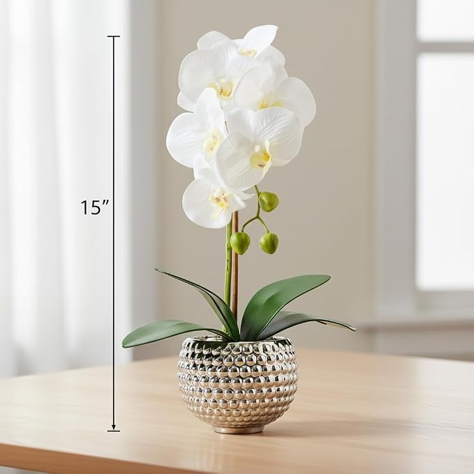 Fake Flowers with Vase, Large Orchids Artificial Flowers in Silver Pot Fake Orchid Fake Plant in Pots Artificial Flowers for Home Decor Indoor Table Centerpiece Bathroom Decoration
