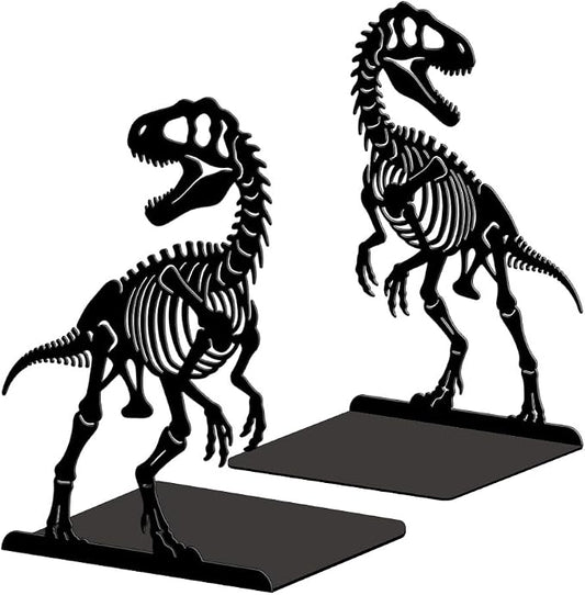 Peacoblue Metal Bookends for Shelves, Modern Decorative Heavy Duty Study Book Ends Stoppers for Office Desk Shelf, Room 5.3"x4.3"x7.6" Cast Iron Tall Bookends 1 Pair (Dinosaur and Skeleton)