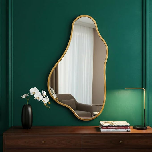 ZIYOO 32x18 Inch Irregular Wall Mirror, Vertical Wavy Design, Gold Asymmetrical Metal Frame Decorative Mirror for Living Room, Bedroom, Entryway, Hallway (Gold Metal,32" x 18")