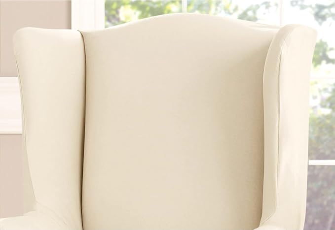 Sure Fit Home Décor Cotton Duck Solid T-Cushion Wing Chair One Piece Slipcover, Relaxed Woven Fit, 100% Cotton, Machine Washable, Natural Color