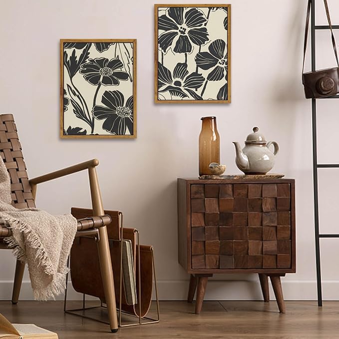 ARTZIO Framed Canvas Prints - Boho Abstract Flower Wall Art,Minimalist Botanical Painting,Vintage Retro Decor for Living Room,Bedroom & Bathroom,Set of 2,Ready to Hang(16"x24")