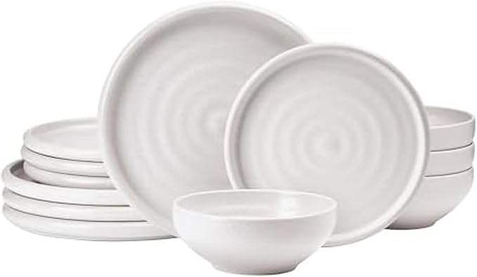Mikasa Declan 12 Piece Stoneware Dinnerware Set, Service for 4, Modern Plate and Bowl with High Rims for Everyday Use, Beige