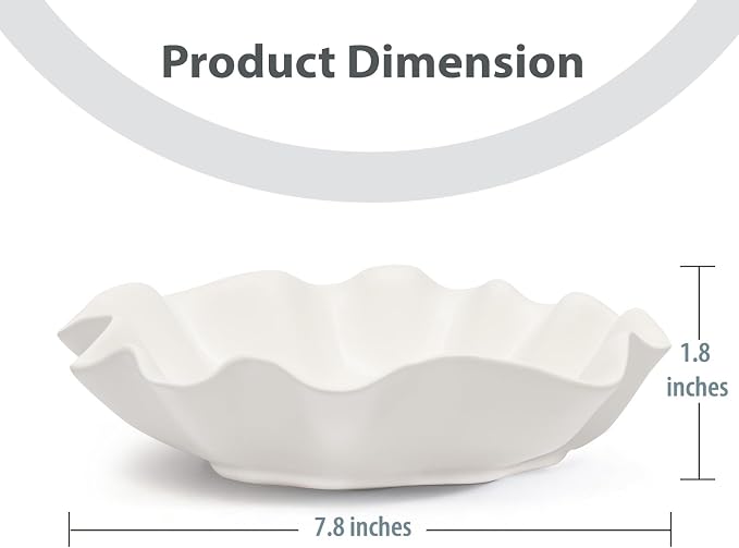 Small Ivory Ceramic Decorative Bowl, Modern Home Decor Centerpiece 7.8 Inches Key Jewelry Ruffle Fluted Scalloped Bowl with Wavy Edge