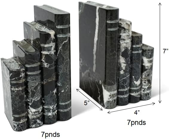 Library Style Solid Marble Bookends - Set of 2 Heavy Decorative Book Stoppers with Non-Skid Bottom – All Natural Polished Marble Bookend Black + White (7x4x5 inches)