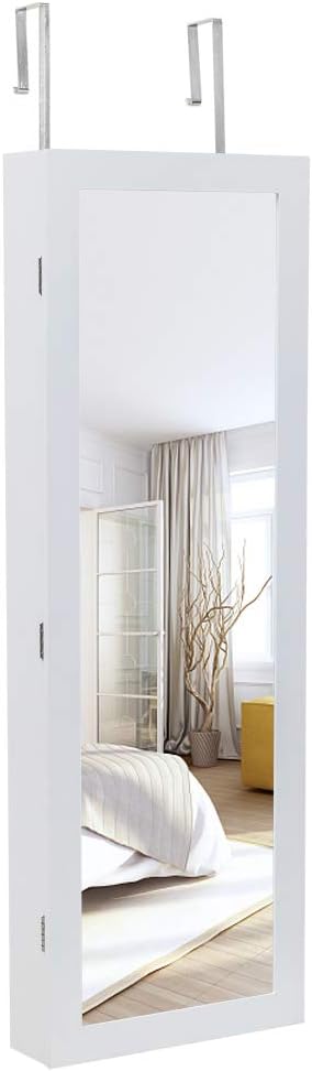 Jewelry Armoire Organizer,Non Full Mirror Wooden Wall Mounted 4-Layer Shelf Larger Capacity Jewelry Storage Mirror Cabinet,White (with 2 Drawers 8 Blue LED Lights)