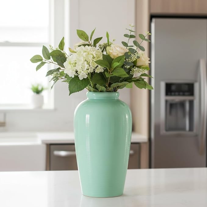 Green Ceramic Vase - 11 Inch Tall Modern Decorative Flower Vase for Living Room, Pottery Centerpiece Vases Home Decor, Eucalyptus, Mantel Decor, Side Table, Kitchen Decoration