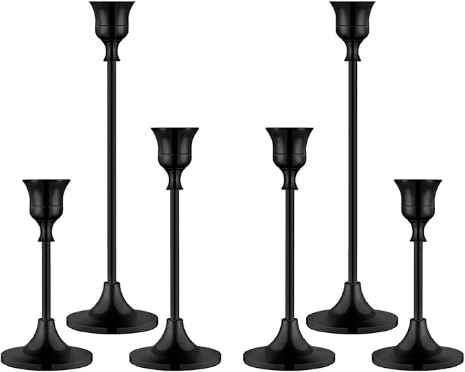 Set of 6 Metal Candle Holders for Taper Candles, 3 Sizes Decorative Candlestick Holders for Table Centerpiece, Wedding, Dinner Party, Home Decor (Black)