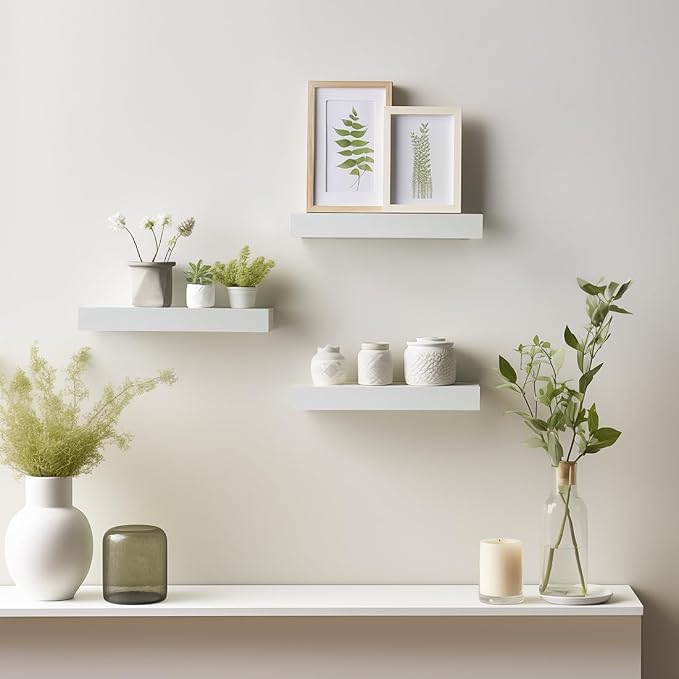 AHDECOR White Floating Shelves Set of 3 - Modern Wall Mounted Shelves for Living Room, Bedroom, Bathroom, Kitchen, Office - Space-Saving and Decorative Storage Solution